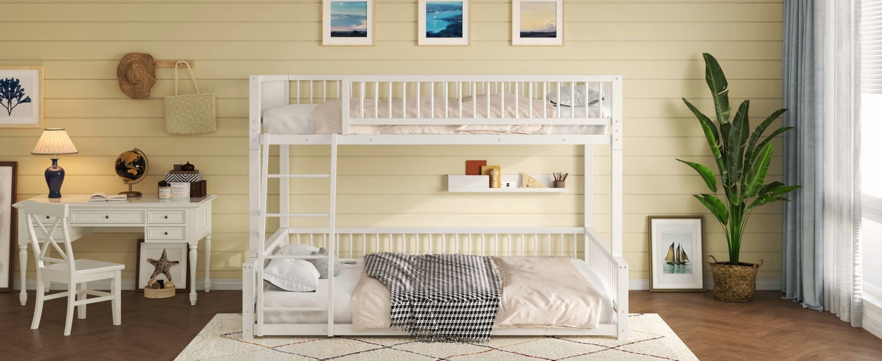 Full XL over Queen Floor Bunk Bed Frame with Ladder and Safety Guardrails, Easy Assemble, White