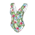 thumbnail image 4 of Yiaed Flowers and Cactus Print Women's Ruffled One Piece Swimsuit V Neck Swimwear Slimming Monokini for Woman-Large, 4 of 8
