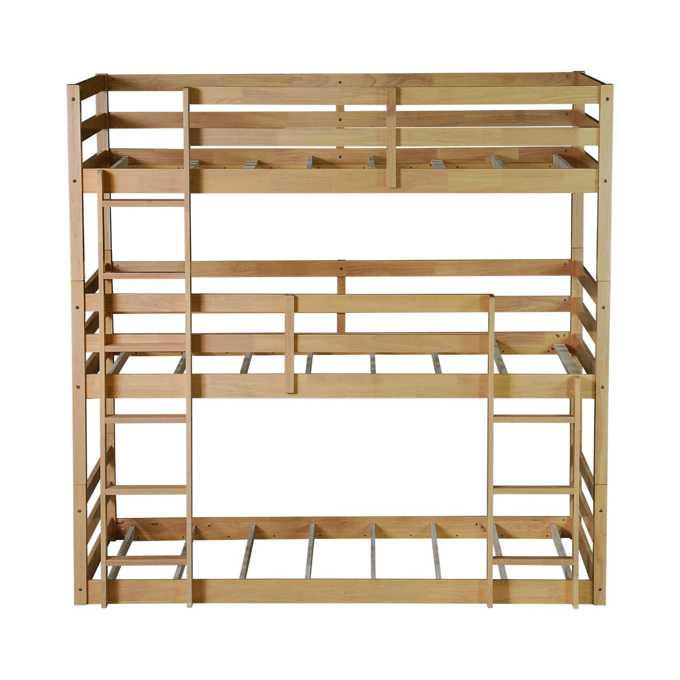 Noble House Shasha Triple Rubber Wood Bunk Bed, Convertible Twin over Twin over Twin with Guardrails and Ladders, White Oak