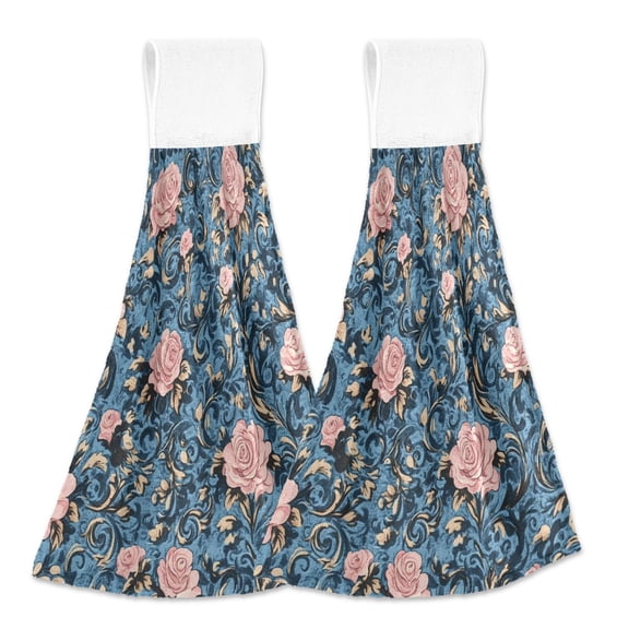BZSMCE Hanging Hand Towels Fashion Timeless Roses on Azure Pattern 2-Pack - Velcro Style Bathroom Kitchen Towels