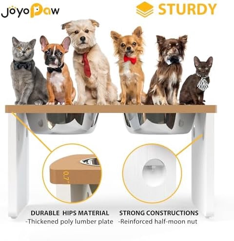 Elevated Dog Bowls, Waterproof Raised Dog Bowl for Medium & Large Dogs, HIPS Poly Lumber Stand with 2 Stainless Steel Bowls, Indoor & Outdoor Use (10'' Tall–48 oz Bowl, Teak-White)