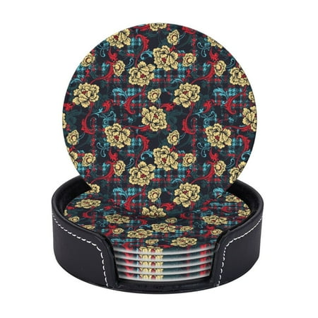 

Baroque Ornament Coasters With Leather Holder Set Of 6 Round Coasters for Home and Kitchen Decor