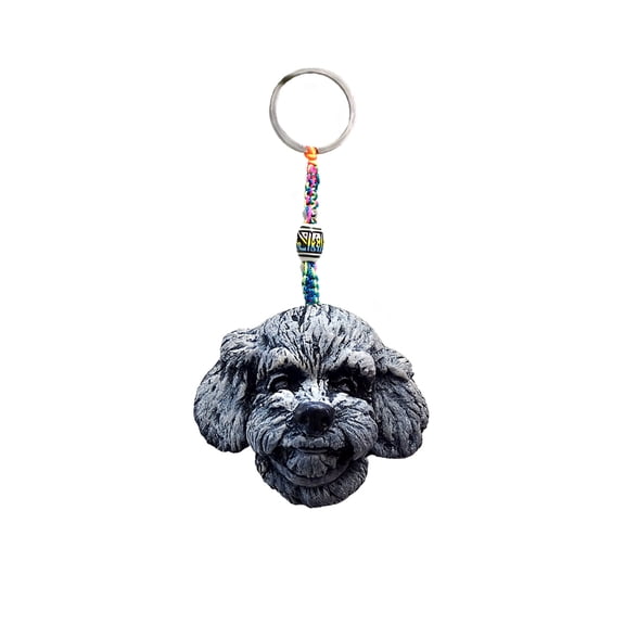Bichon Frise Dog Head Pet Animal 3D Figurine Keychain Multicolored Macramé Metal Ring - Handmade Gifts Boho Car Keys Bag Accessories