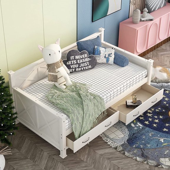Bellemave Twin Size Daybed with 2 Storage Drawers, Modern Wooden Twin Sofa Bed with X-Shaped Frame, Twin Beds for Guests Sleepovers (Cream White)