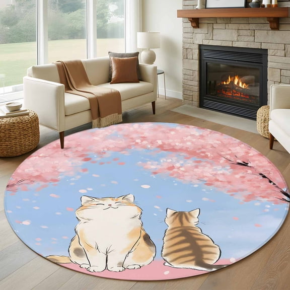 Pink Cat Round Area Rug 5Ft Washable Circle Rugs for Living Room Bedroom, Spring Cherry Blossoms Botanical Blue Sky Non-Slip Carpet Floor Mats Indoor Outdoor Carpet Runner Aesthetic Home Decor