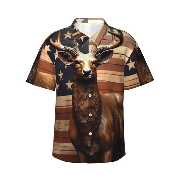 Fotbe Deer American Flag Vintage Camisa Hawaiana para Hombre Unisex – Camisa Casual de Verano con Botones de Manga Corta de Algodón y Lino,Medium