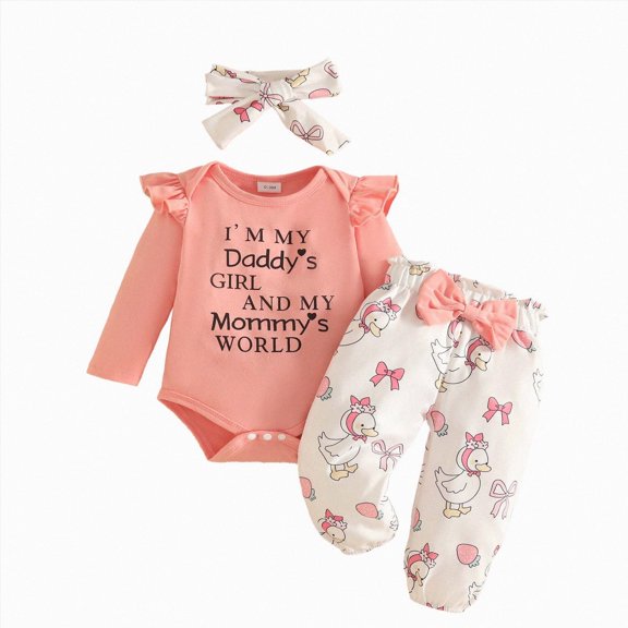 Infant Baby Girl Winter Clothes Set Cute Letter I’M MY DADDY'S GIRL AND MY MOMMY'S WORLD Printed Long Sleeve Ruffle Romper Butterfly Print Pants and Bow Headband 3-Piece Set 0 3 6 9 12 18 Months