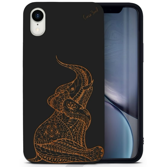 Wood phone case for iPhone XR compatible protective cell phone cover shockproof slim fit laser engraved Indian Elephant Baby design Black wood case for Men & Women by CaseYard