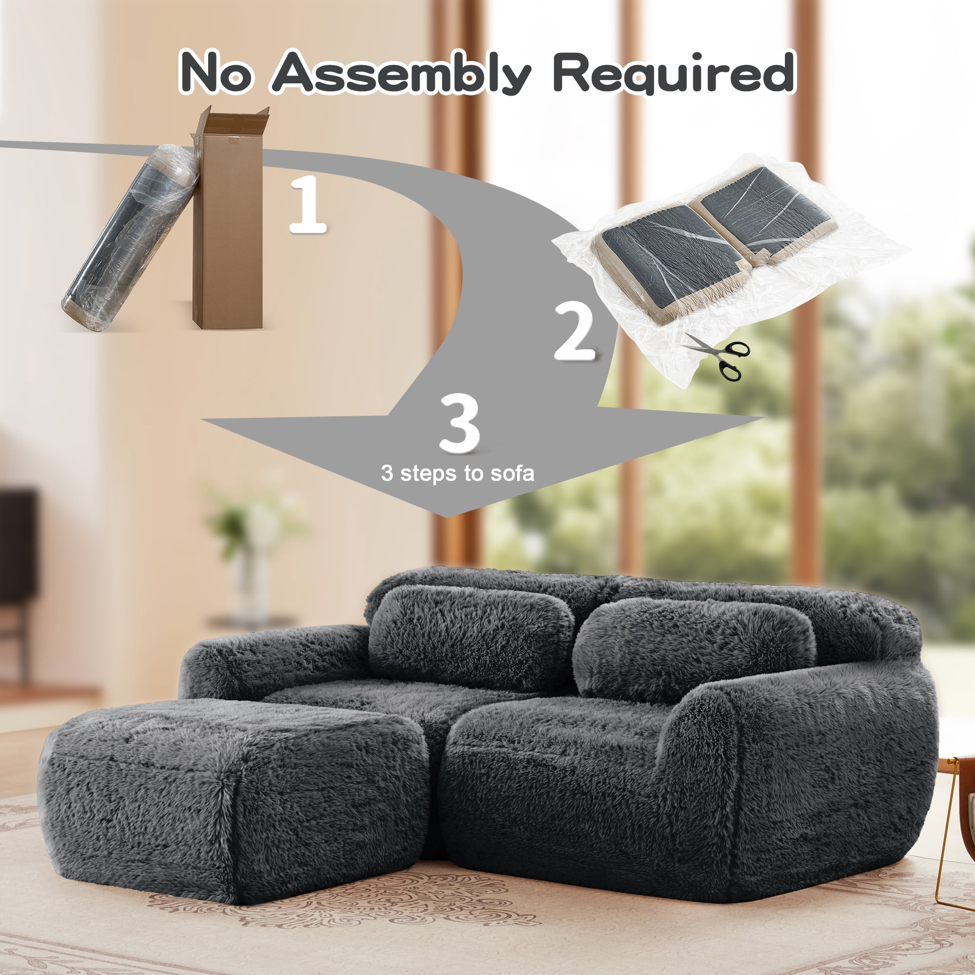 AISWORD 40" 2-Seat L-Shaped Modular Sectional with 1 Ottoman, Anti-Slip Deep Seat Cloud Sofa, Ready to Use Premium Plush Fabric Boneless Sofa with 32D High-Density Foam&Anti-Slip Bottom