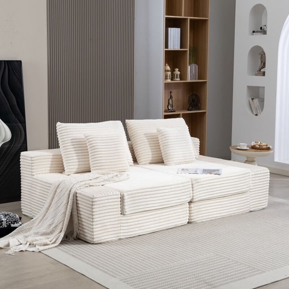 Modern Sofas Double Lounge Chaise,Cloud Plush Sofa Bed,Upholstered Boneless Cloud Sofa Deep Seat,No Assembly Required,Modern Corduroy Sleeper Loveseat Chair for Living Room Bedroom Reading,Beige,Rus
