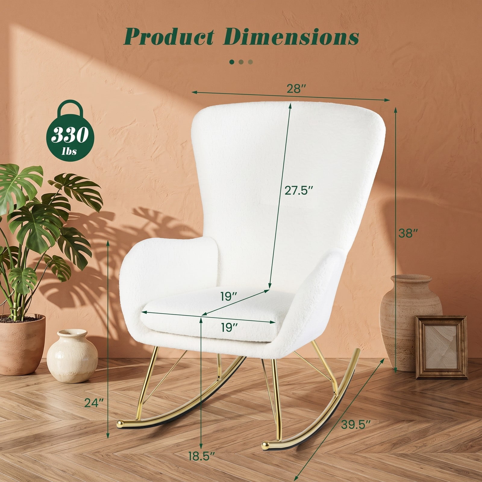 Furnibear Nursery Rocking Chair with Curved Backrest and Armrests, Upholstered Teddy Fleece Glider Rocker with Metal Legs for Living Room Bedroom Nursery, 330, White