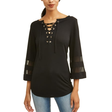 Lace Shift - Women's 3/4 Sleeve Lace Up Varsity Mesh T-Shirt