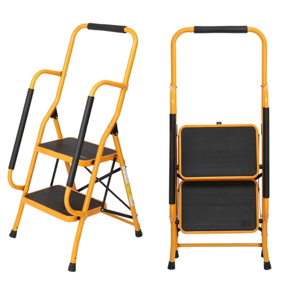 HUJHKIO 2 Step Ladder with Handrails, 500LBS Folding Step Stool, w/Non-Slip Side Armrests Large Pedal Area, Multi-use for Home Kitchen Pantry Office, Yellow