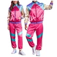 thumbnail image 4 of yboeqw Retro Unisex 2 Piece Party Tracksuit Full Zip Stand Collar Color Block Jacket Elastic Cuff Jogger Pants for 80s Themed Event Cosplay, 4 of 9