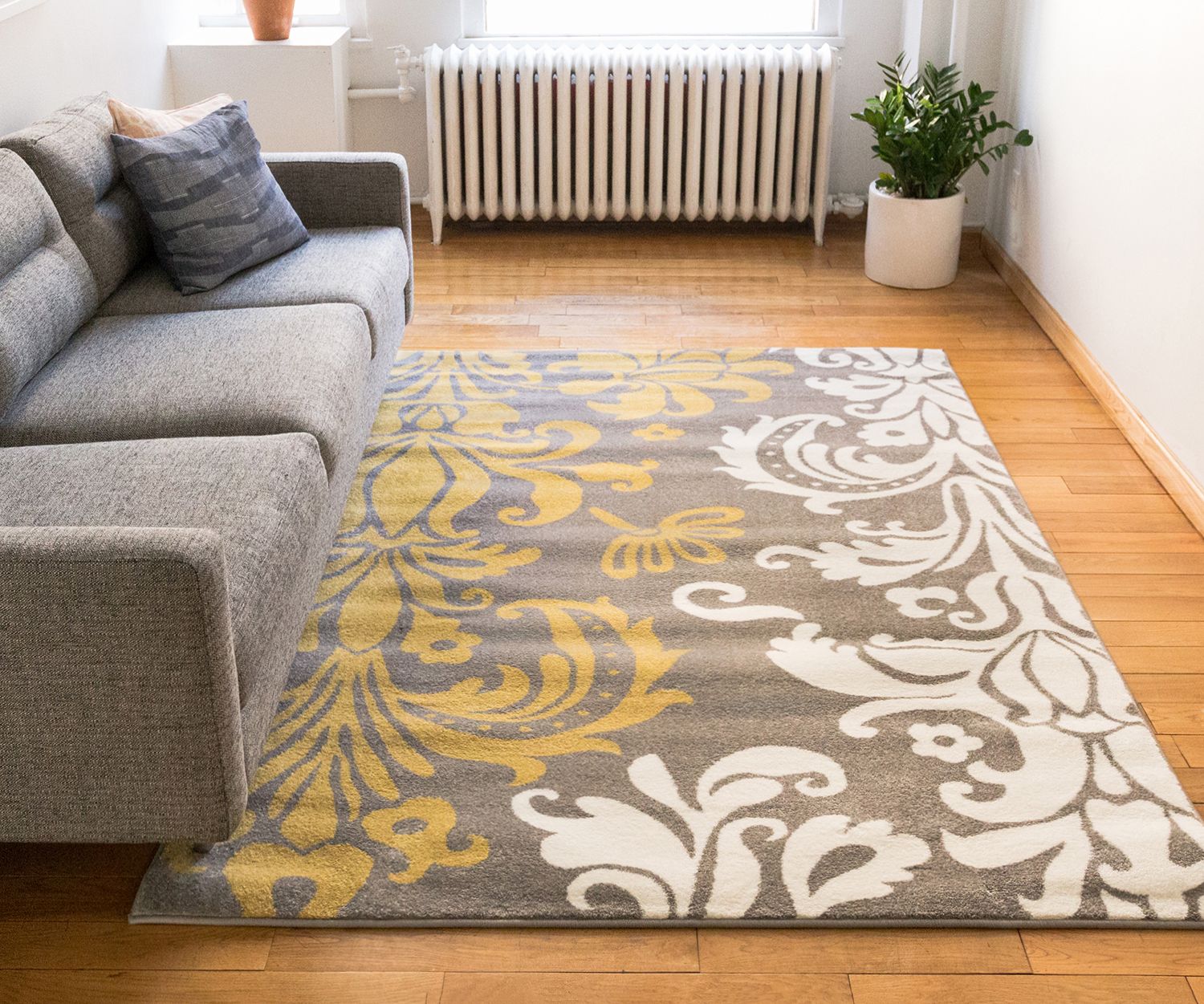 Vavu Damask Grey Gold Ivory Floral Modern Area Rug 8x10 ...