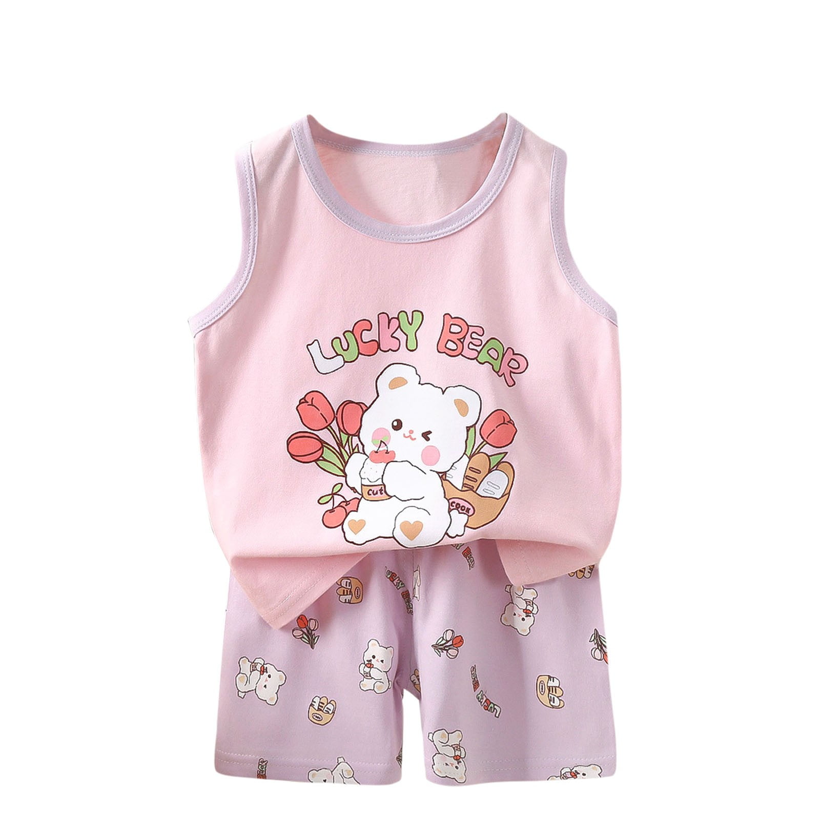 Toddler Girls Outfits, Baby Girl Clothes, Fashion Boys' Casual Sleeveless Round Neck Collar Botton Printed Short Pants Sets, Pink, 3 Years