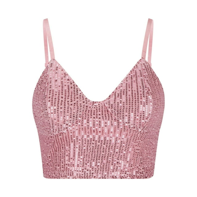 Qetyuw Women Reflective Sequin Tank Tops Bustier Adjustable Spaghetti Strap Crop Tops Sparkly Sleeveless V Neck Rave Tank Vest Clubwear