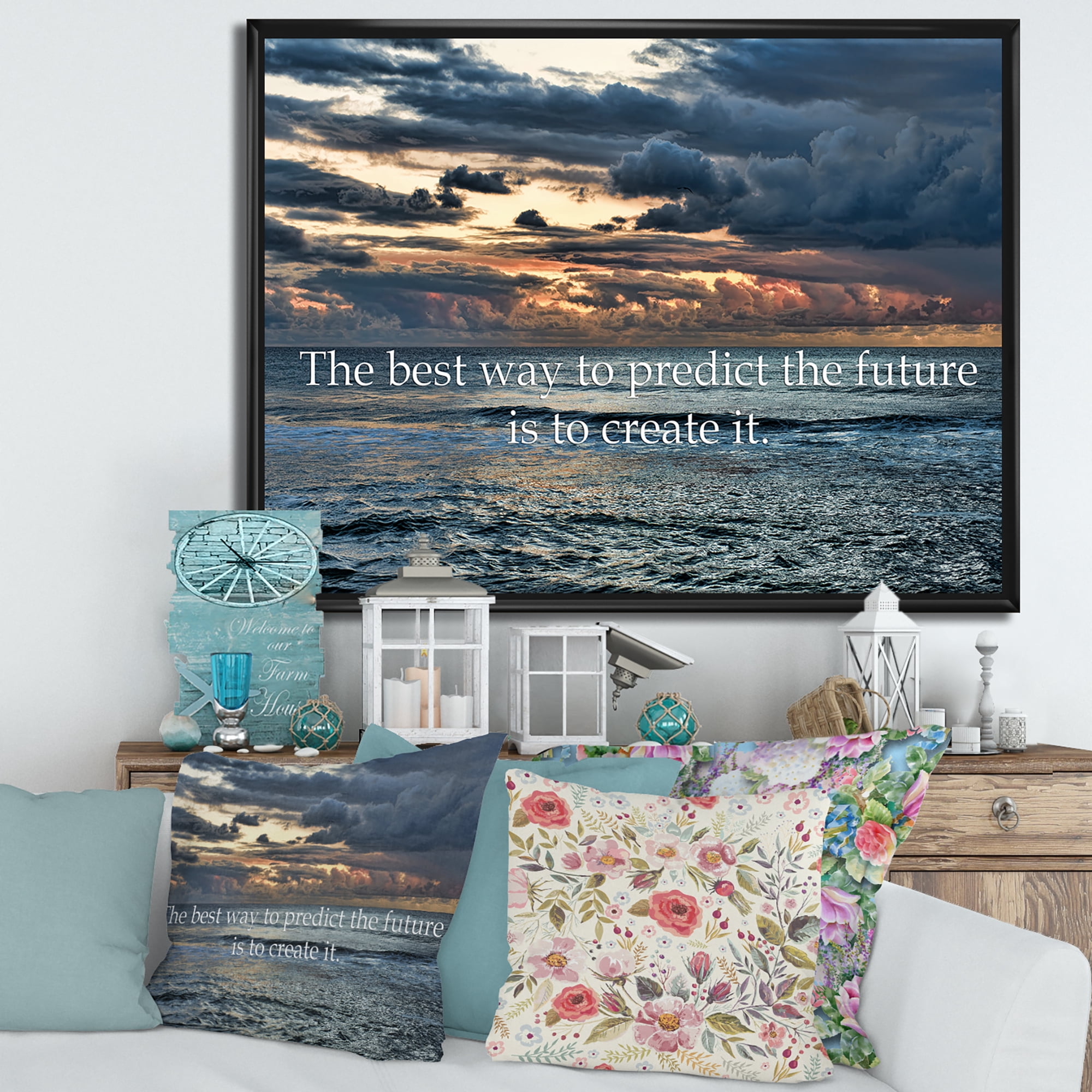 Designart 'The Best Way To Predict The Future Is To Create It Blue Ocean' Nautical & Coastal Framed Canvas Wall Art Print