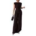 thumbnail image 5 of Stichou Womens Summer 2 Piece Outfit Set Dressy Casual Sleeveless Tank Tops Crew Neck Wide Long Leg Pants with Pockets Coffee 2XL, 5 of 8