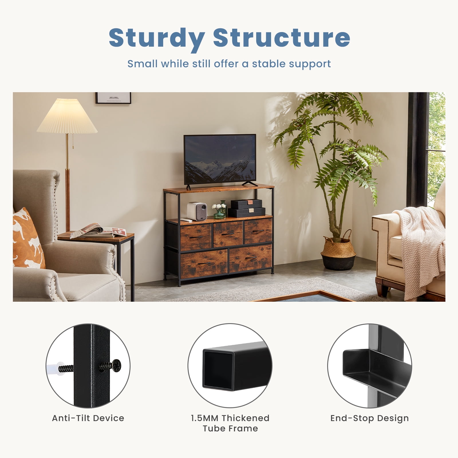 CONCETTA TV Stand Dresser with 5 Fabric Drawers and Open Shelving, Multi-functional Storage Unit Fits TV up to 45 inches for Bedroom Living Room Hallway, Rust