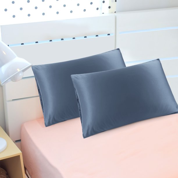Funda de almohada de lujo de satén PiccoCasa, juego de 2, gris pizarra no estándar