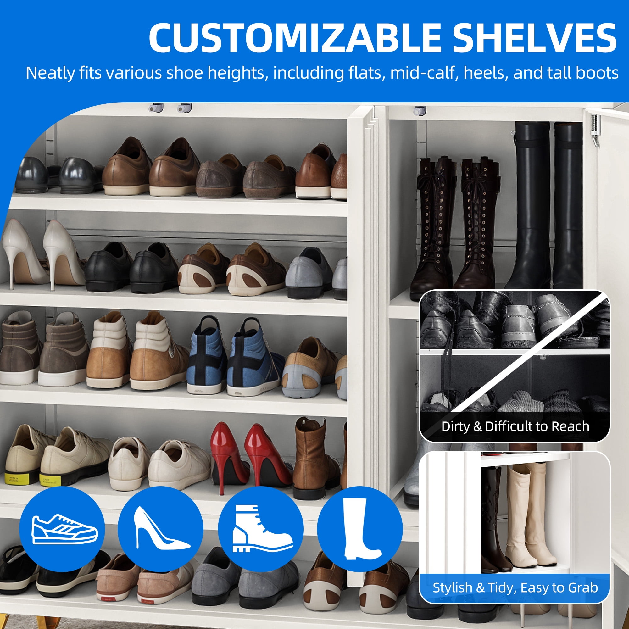 DEXTRUS Shoe Storage Cabinet with 3 Compartments, Metal Shoe Rack with Adjustable Shelves, White