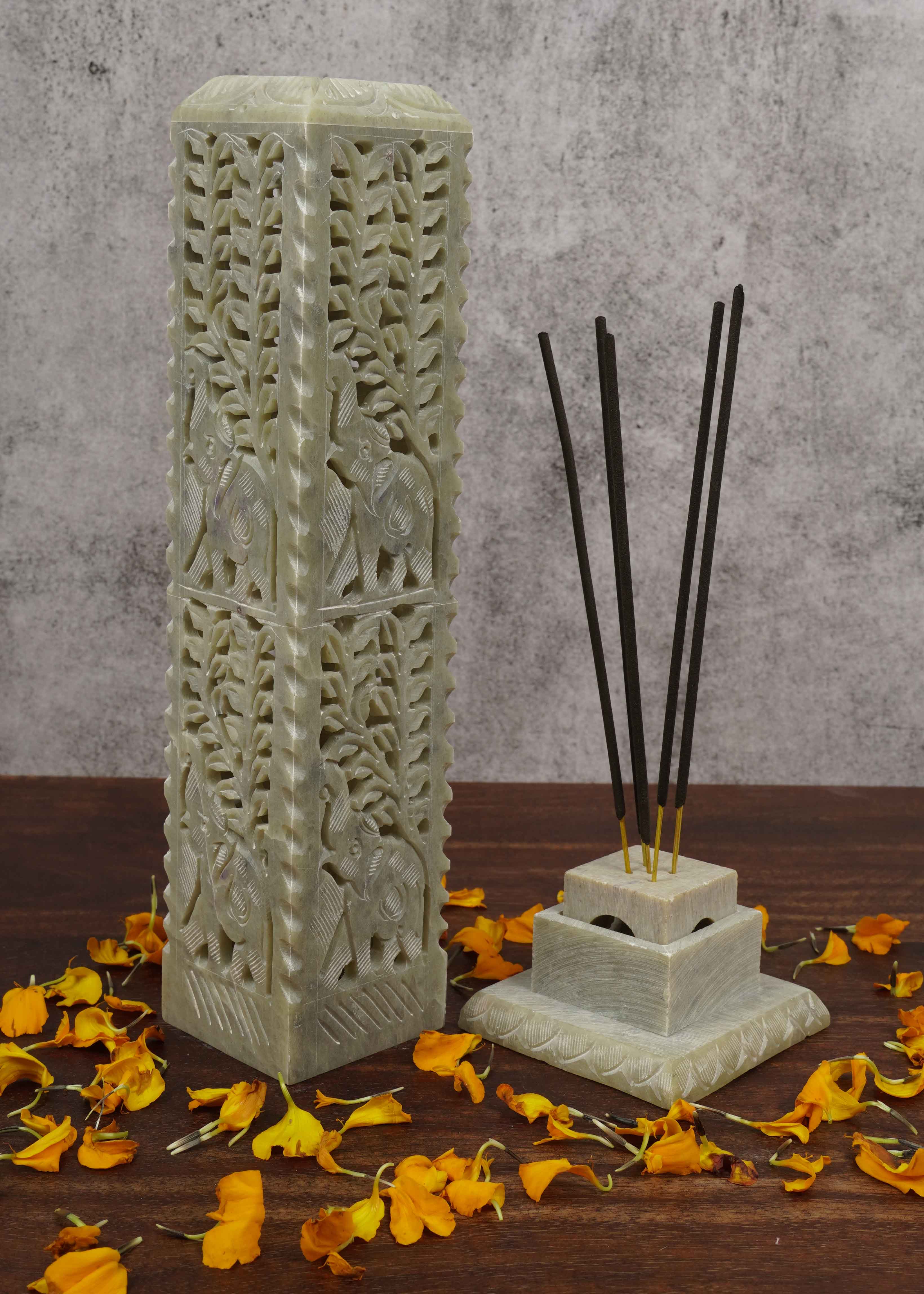 IBA Indianbeautifulart Handmade Stone Incense Stick Burner | Candle Stick Holder | Tea Light Burner , Perfect Elephant Carving for Gifting- Decorative Home and Kitchen Decor (10.5x 2.2 Inches)
