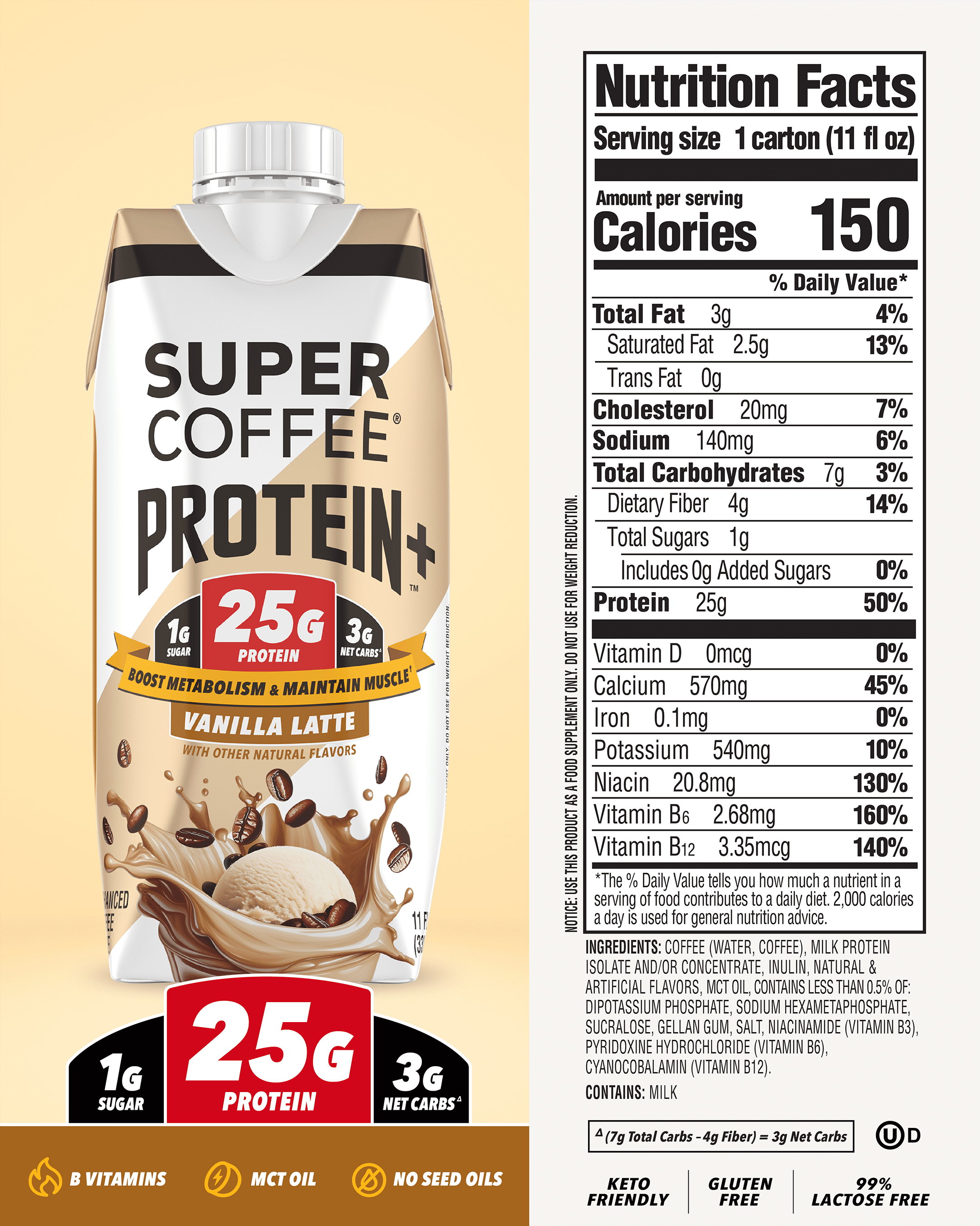 Super Coffee Protein+ Vanilla Iced Coffee Drink, 11 fl oz, 4 pack, 25g Protein Liquid