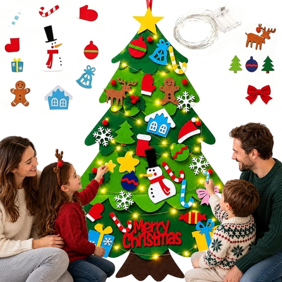 Felt Christmas Tree with Lights for Kids, DIY Wall Tree for Toddlers