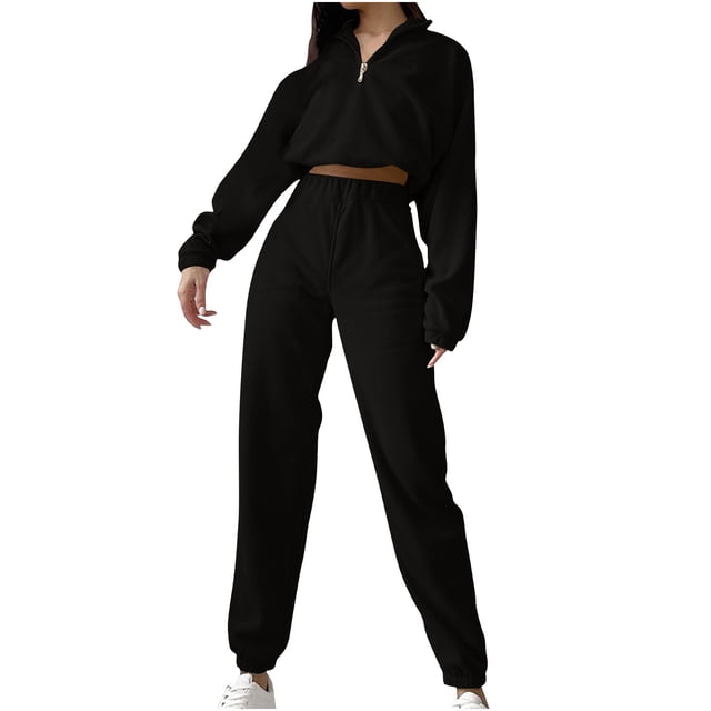 MeetoTime Womens Fleece 2 Piece Outfits Lounge Sets Crop Half Zip Sweatshirt and Jogger Pant Sweatsuits