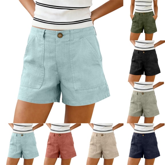 UDAUDU Womens Linen Shorts High Waist Casual Summer Shorts Button Down Straight Leg Bermuda Beach Shorts with Pockets Blue 2XL