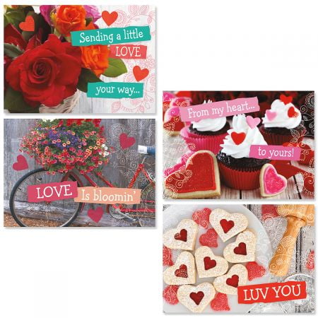 Love is Bloomin' Valentine Cards - Set of 8 (4 designs) 5" x 7" cards with white envelopes