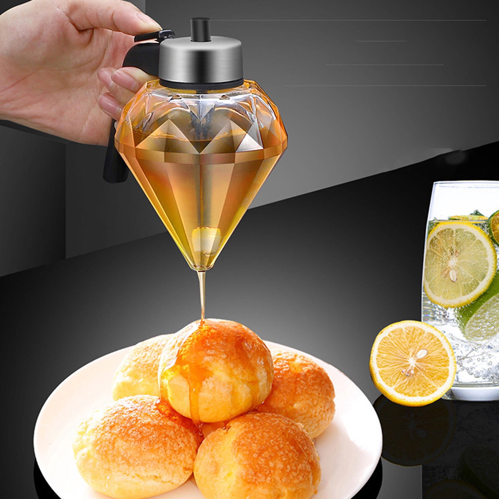 BIMZUC Clear Diamond‑Shaped Honey & Syrup Dispenser with Stand – Leak‑Free, Airtight, Multipurpose Honey Jar