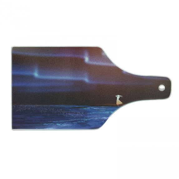 Fantasy Cutting Board, Woman on Beach Psychedelic Design Aurora Borealis Sky Star Nature Picture Print, Tempered Glass Cutting and Serving Board, Wine Bottle Shape, Blue Purple, by Ambesonne