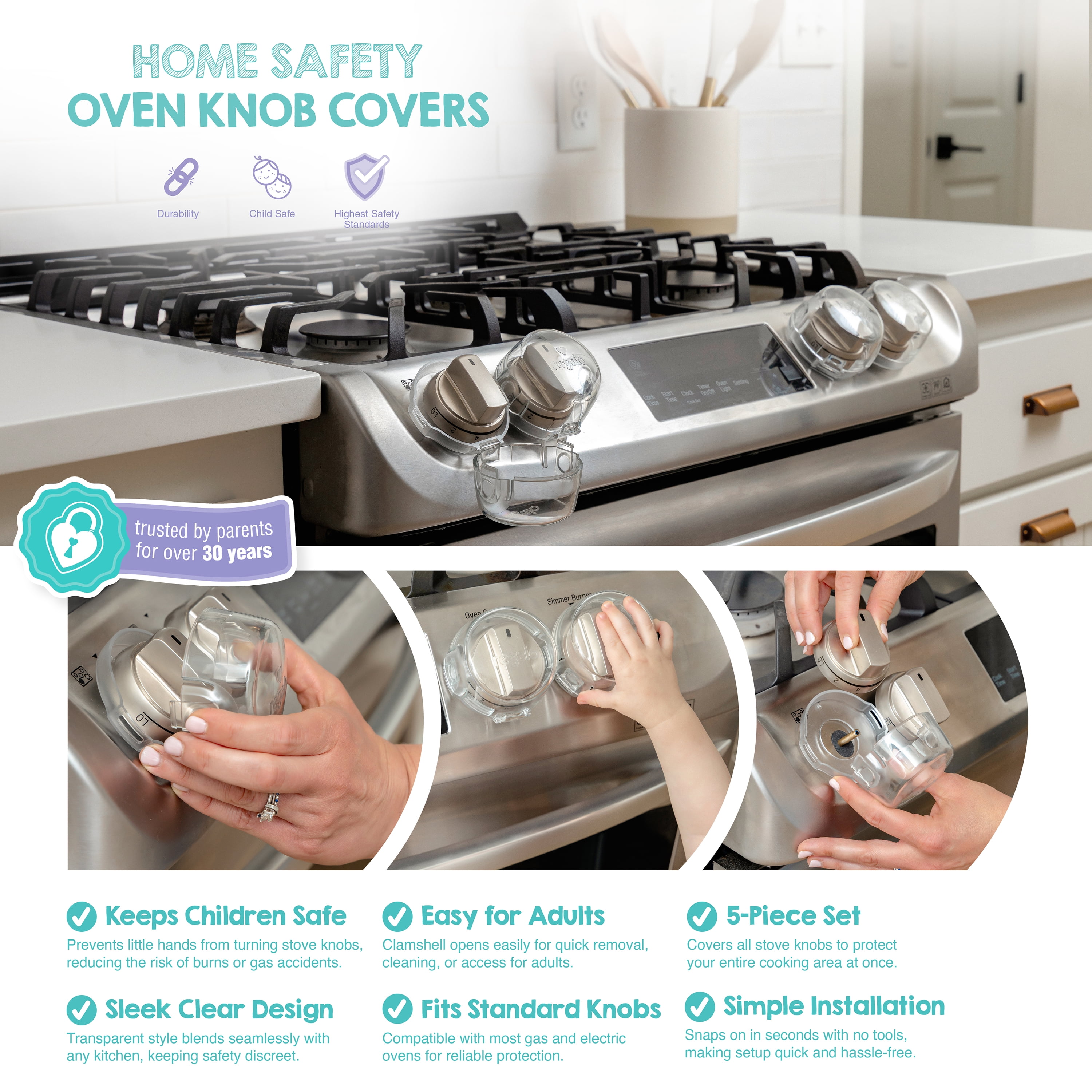 Regalo Baby Proof Stove Knob Covers for Child Safety, Clear Oven Knob Guards, Easy Install, 5 Pack