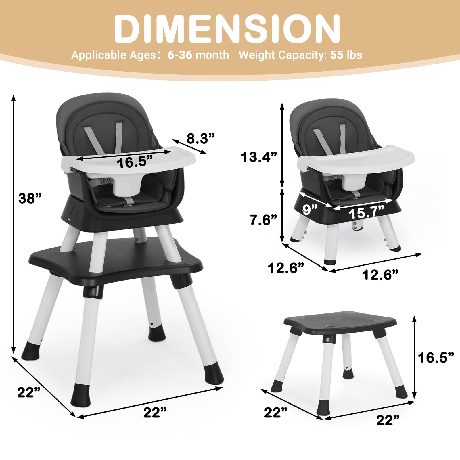 AILEEKISS 8-in-1 Baby High Chair, Toddler Booster Seat with Dishwasher-Safe Tray, Dark Grey