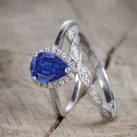 White Gold Semi Set - 1.50 Carat Pear Cut Sapphire and Diamond Bridal Ring Set with Semi Eternity Wedding Band in White Gold