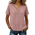 thumbnail image 2 of WHLBF Tank Tops for Women V-Neck Short Sleeve Button Loose Casual Summer Cotton Linen Shirt Tank Pink L, 2 of 8