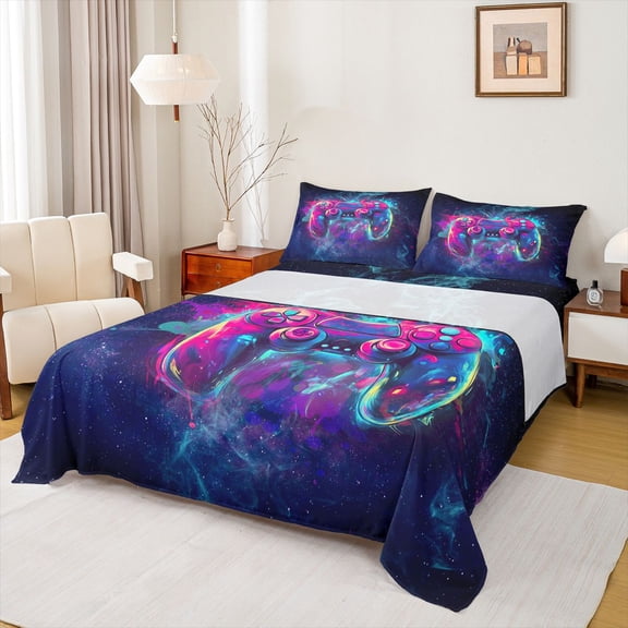 jejeloiu Gamer Gaming Twin Sheet Sets,Modern Video Game Twin Fitted Sheet,Colorful Console Flat Sheet For Boys,Microfiber Bedroom Decor,3 Pieces