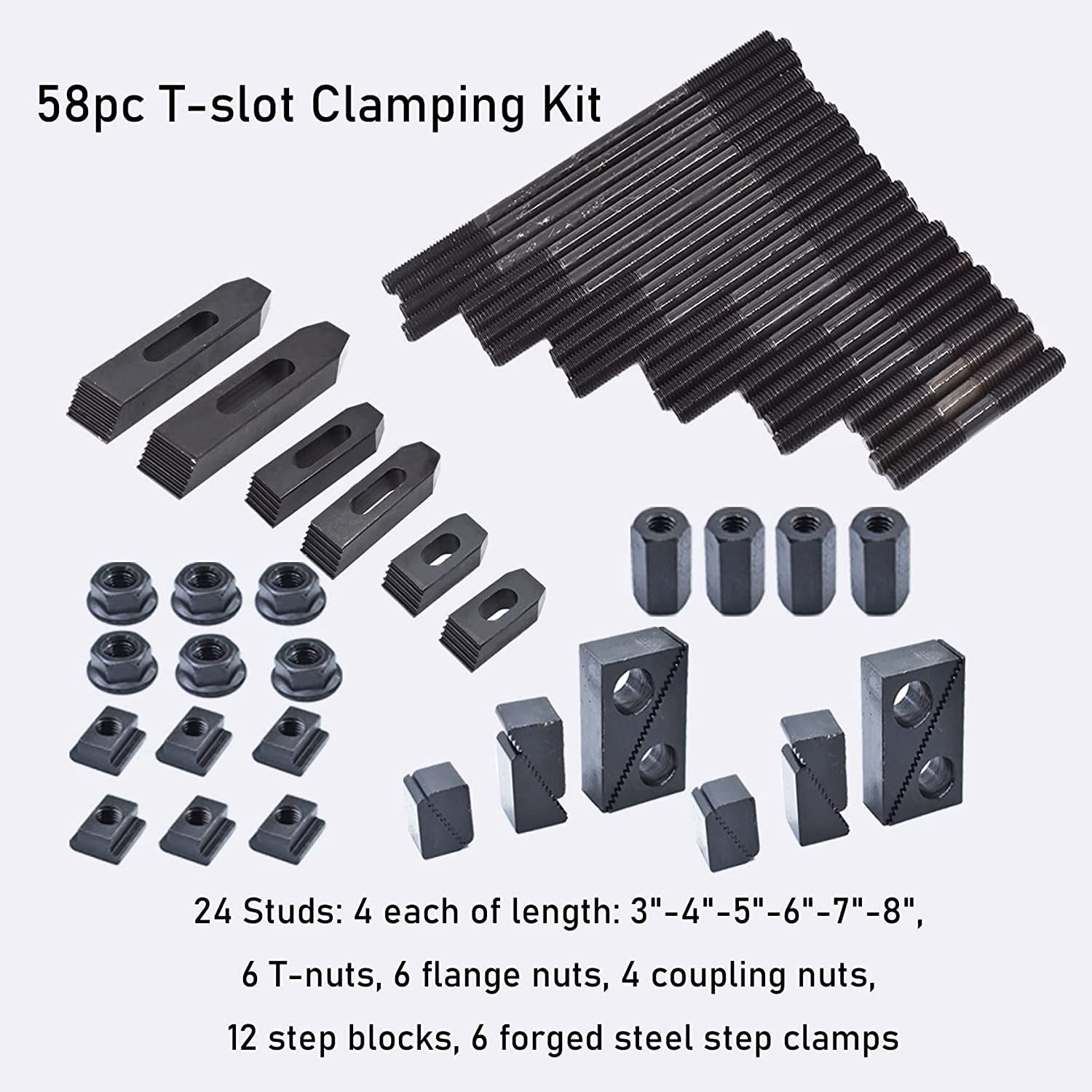 waltyotur 58pc T-slot Clamping Kit Sets of Fixtures, Pro-Series 7/16 T-Slot Step Hold Down Clamp Clamping Kit 3/8-16 Stud Clamping Kit Mill Machinist Set