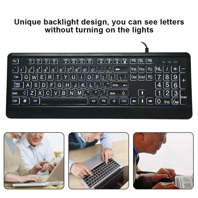 LED Keyboard, Comfortable Quiet Durable Wired USB Keyboard, 104-Keys Balck For Old Man