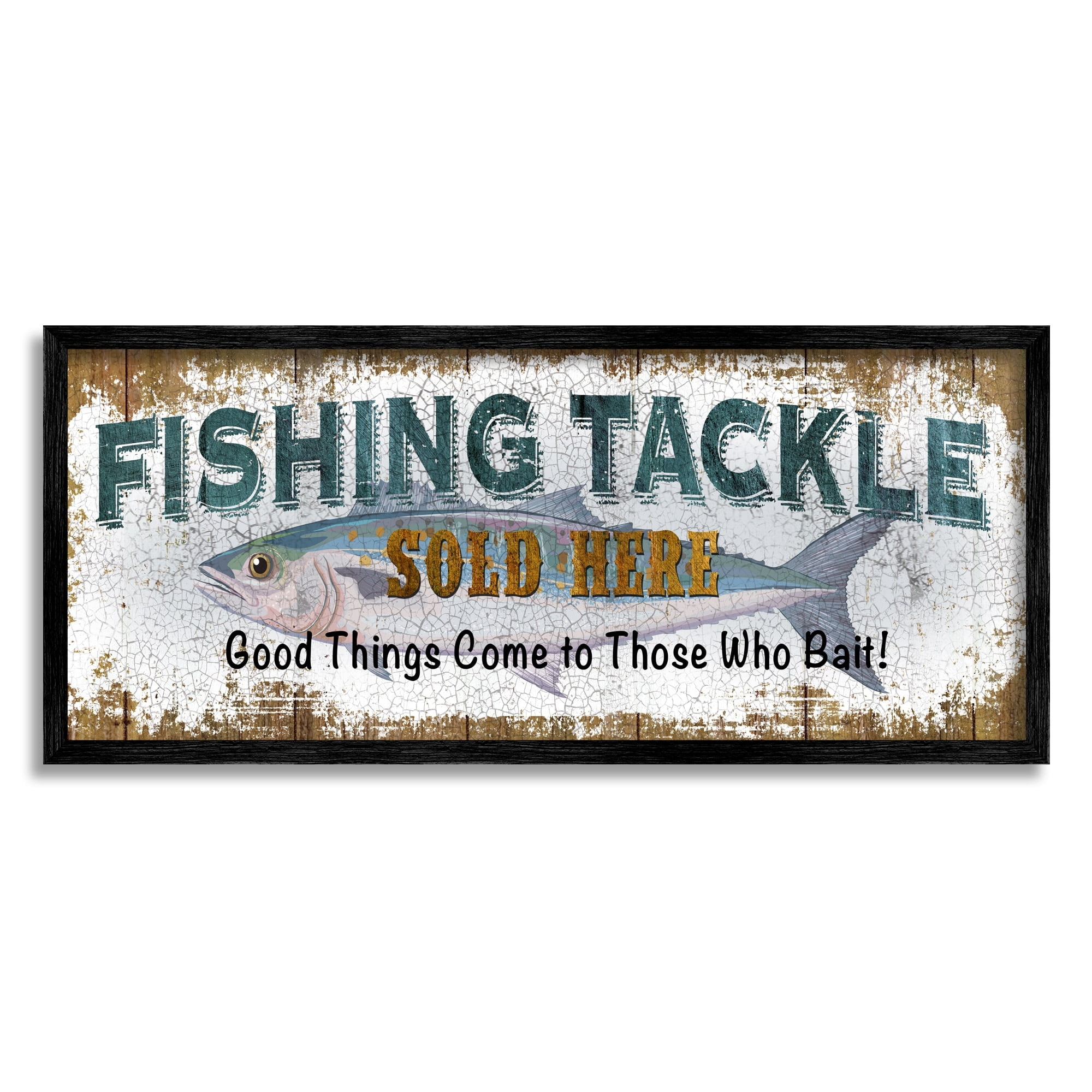 Stupell Industries Rustic Fishing Tackle Sign Those Who Bait Phrase Sports Painting Gray Framed Art Print Wall Art, 10 x 24