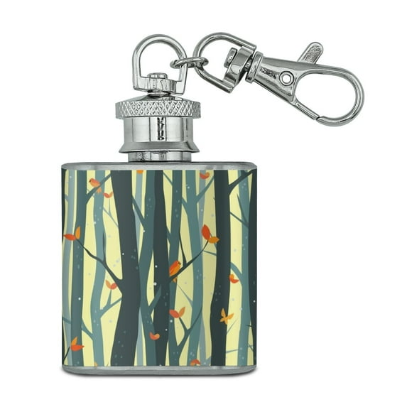 Tree Forest Pattern with Birds and Butterflies Stainless Steel 1oz Mini Flask Key Chain