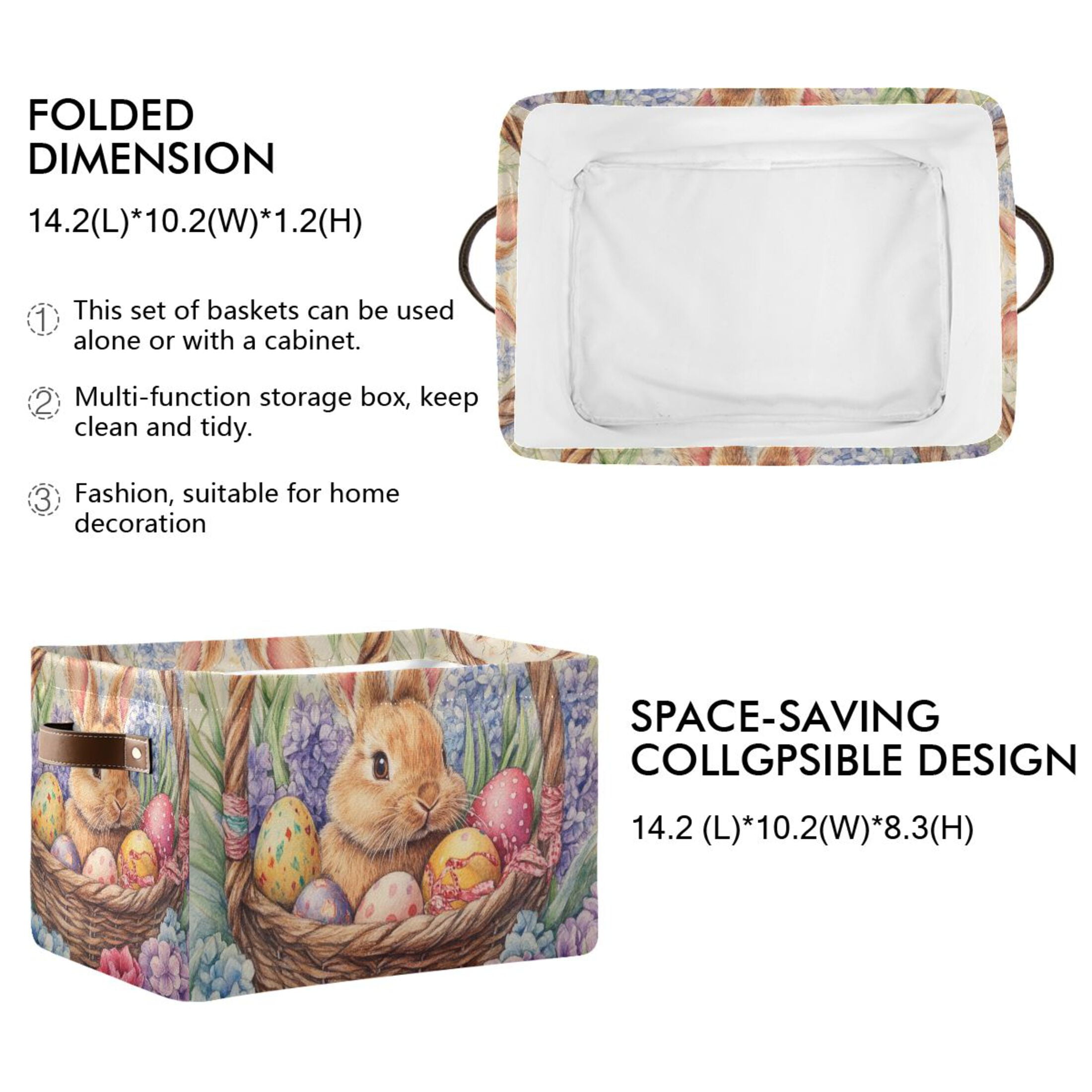 WOBOGO Easter Bunny Square Storage Basket with Waterproof Canvas and PE Lining Durable PU Leather Handles 14.2×10.2×8.3in