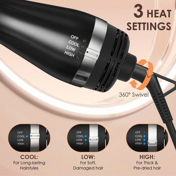 Refurbished Nicebay 4-in-1 Hair Dryer Brush, Blow Dryer, Straightener, Curling Wand, Volumizer, Ceramic Barrel, 3 Heat Settings, 2-Inch Volumizer, Lightweight, Frizz-Free Styling