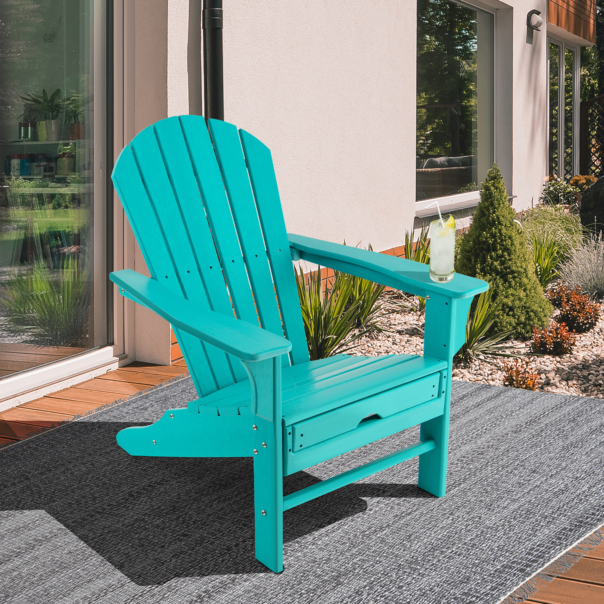 Costway Outdoor Patio HDPE Adirondack Chair Beach Seat Retractable Ottoman Turquoise