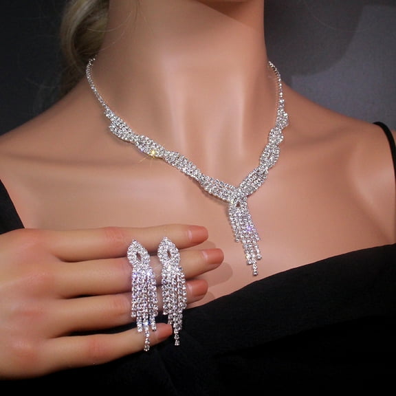 tasrioml 1 Set Necklace Earrings Set Rhinestone Necklace Tassel Earrings Prom Wedding Party Bride Symmetric Dangle Earrings Formal Occasions Neck Jewelry Set
