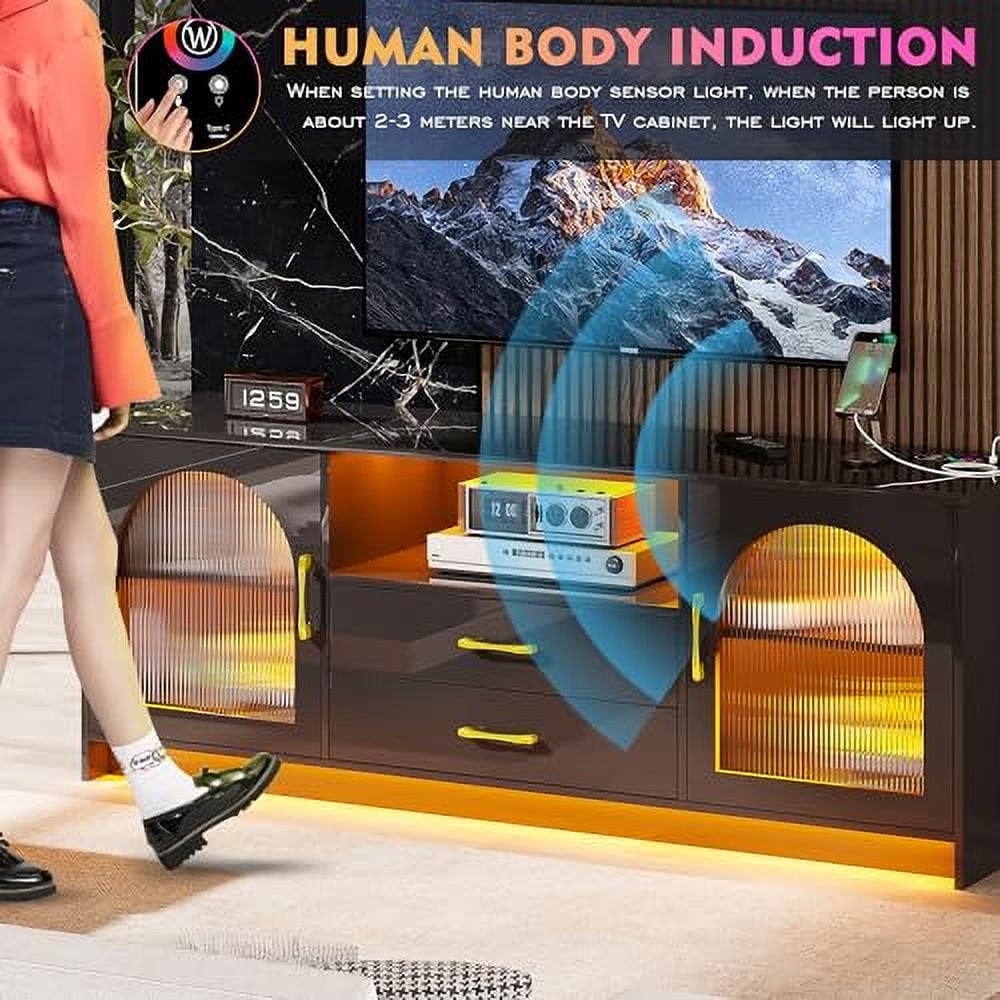 Gurexl RGB TV Stand with Wireless Charging Station for TVs up to 75 Inch,Human Sensor LED TV Cabinet with USB&Type-C Ports,24 Color Dimmable Television Stand with Drawers & Storage Cabinet