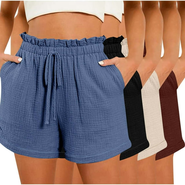 Hyknon Womens Shorts Summer Casual Solid Color Comfortable Loose Fitting 4PC Workout Shorts Elastic Waist Drawstring Sports Gym Running Shorts with Pockets