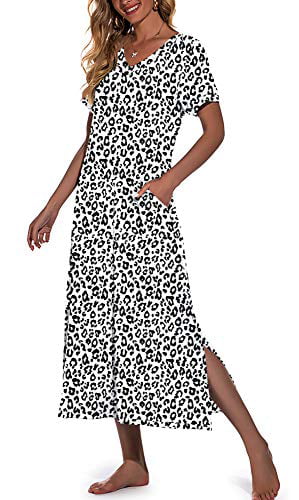 PrinStory Womens Long Nightgown Short Sleeve Nightshirt V-Neck Soft Loungewear Casual Sleepwear With Pockets